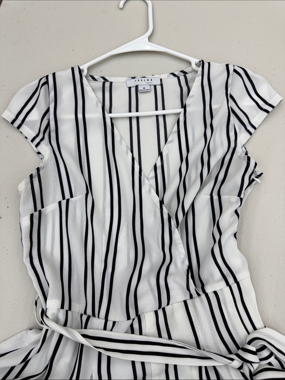 Girls' White & Black Stripe Wrap Romper Dress with Belt w/shorts - Picture 5 of 5